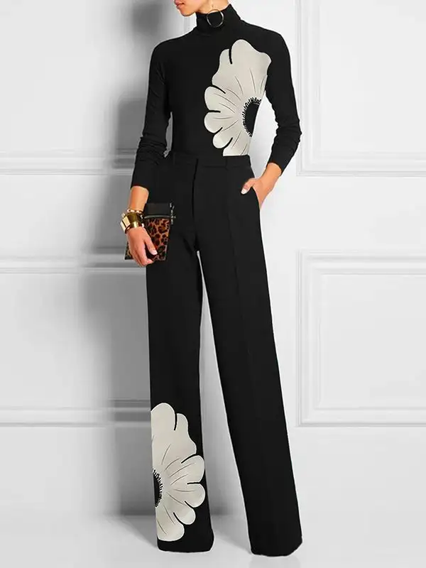 Soft High Waisted Straight Leg Asymmetric Floral Printed Split-Joint Suit Pants