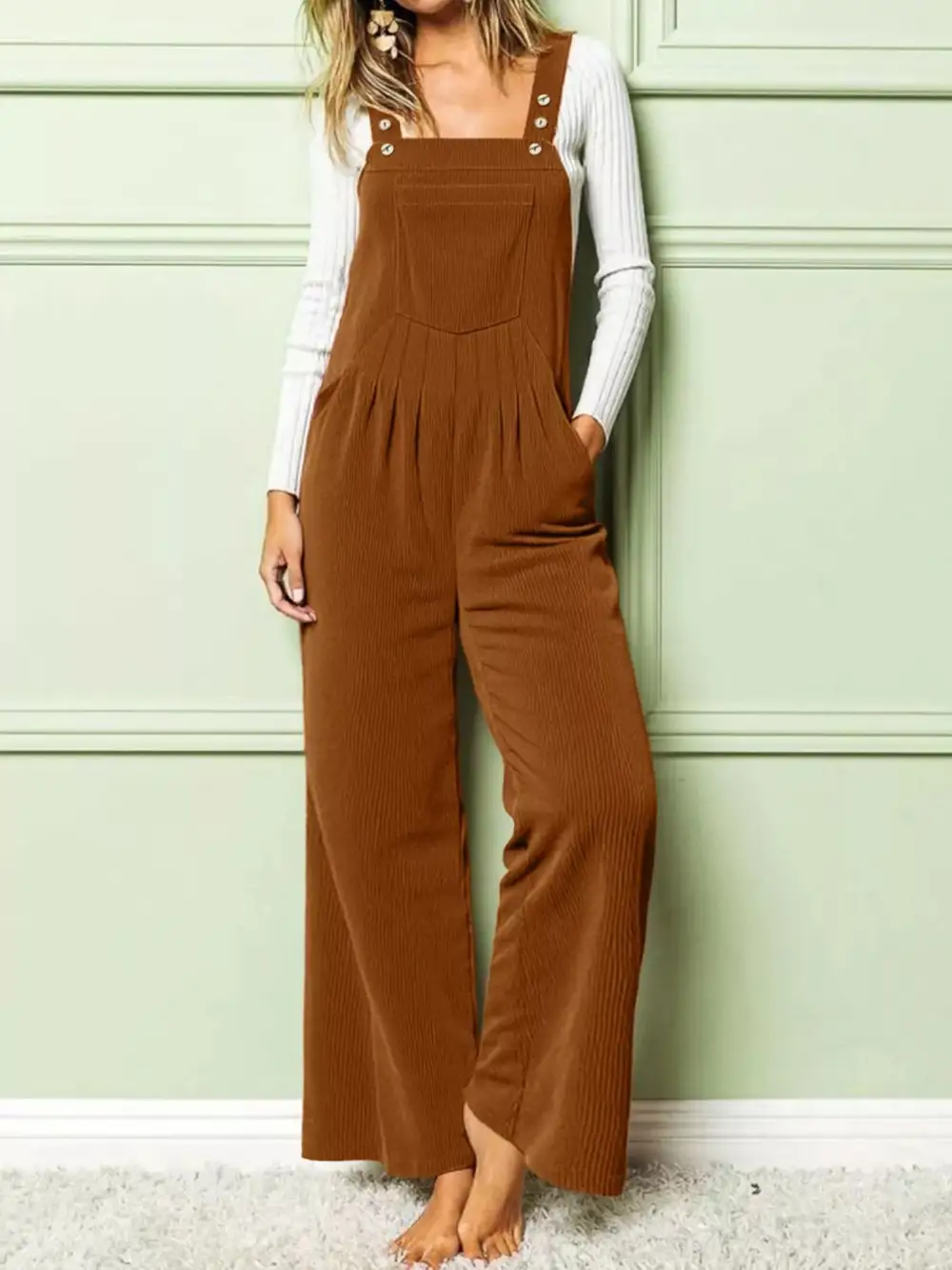 Front Ruched Wide Leg Pockets Jumpsuit