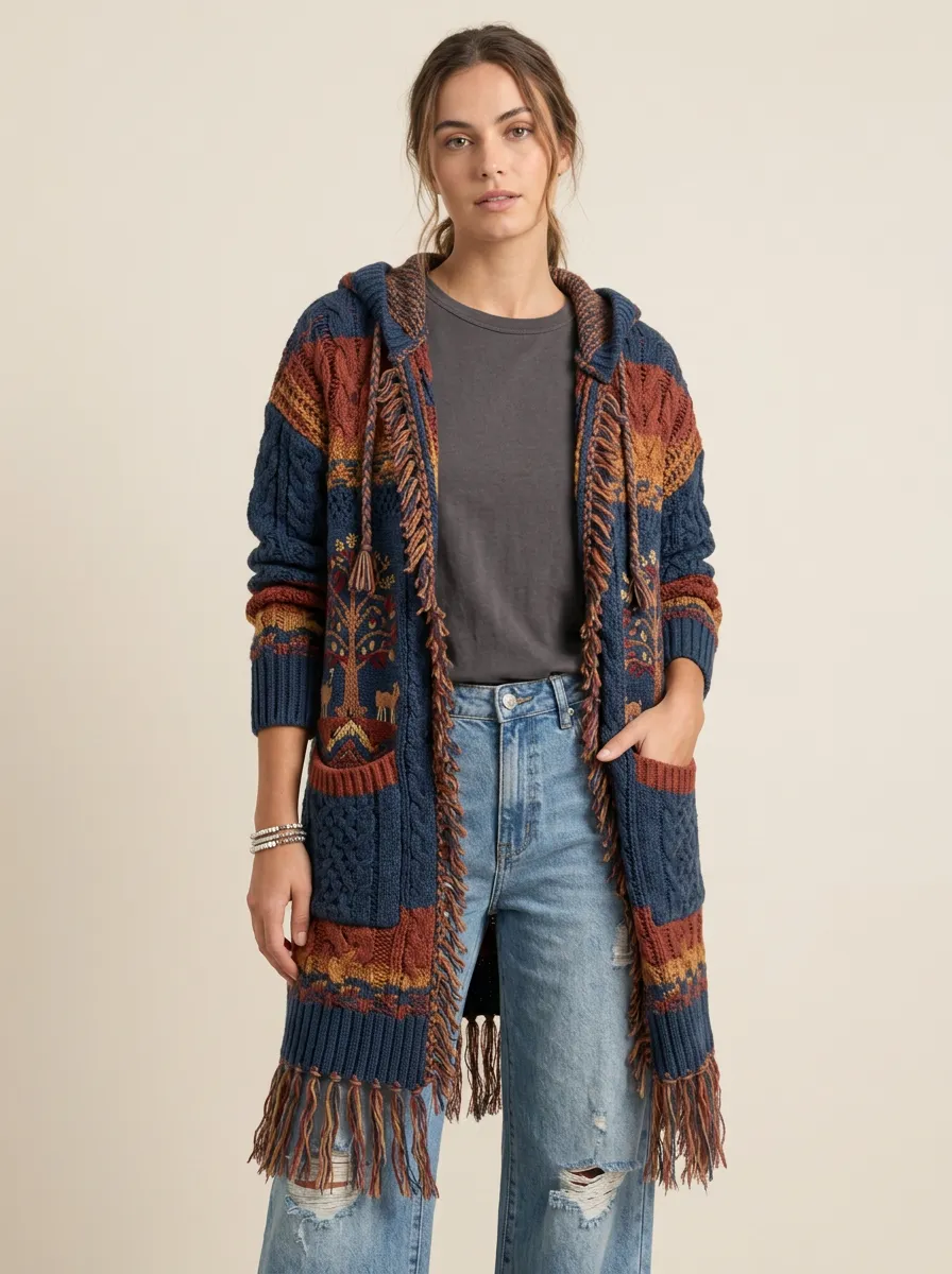 Women's Bohemian Tree Pattern Fringe Trim Hooded Cardigan