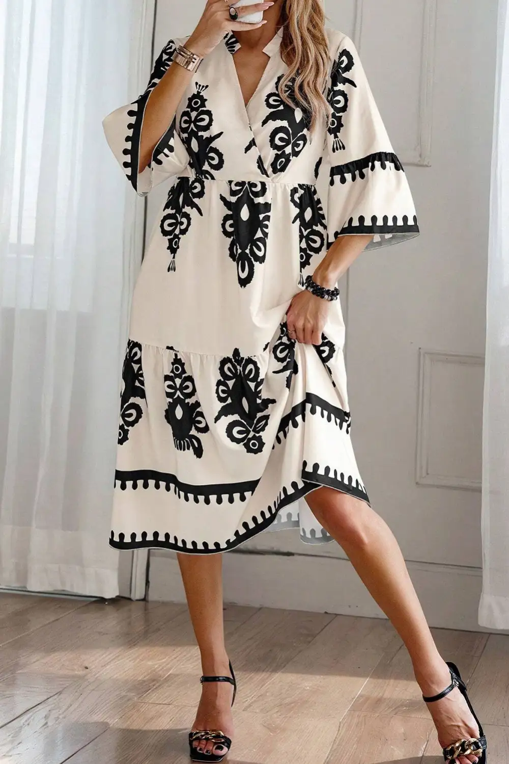 Geometric Print Bracelet Sleeve Everyday Midi Dress