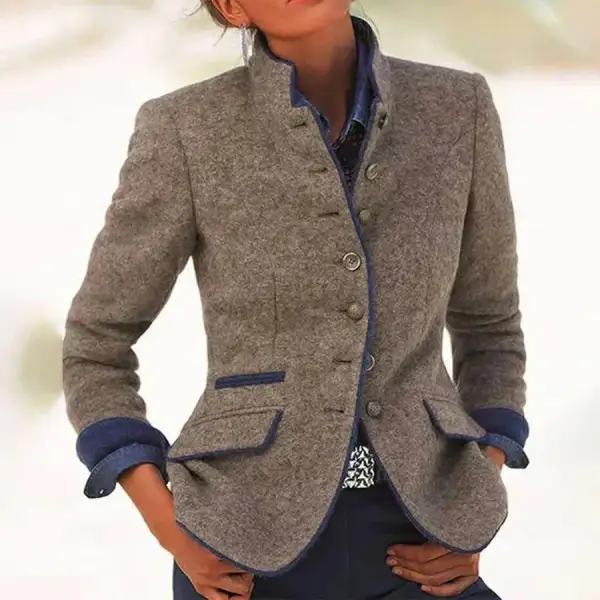 Wool Blend Stand Collar Button Front Jacket