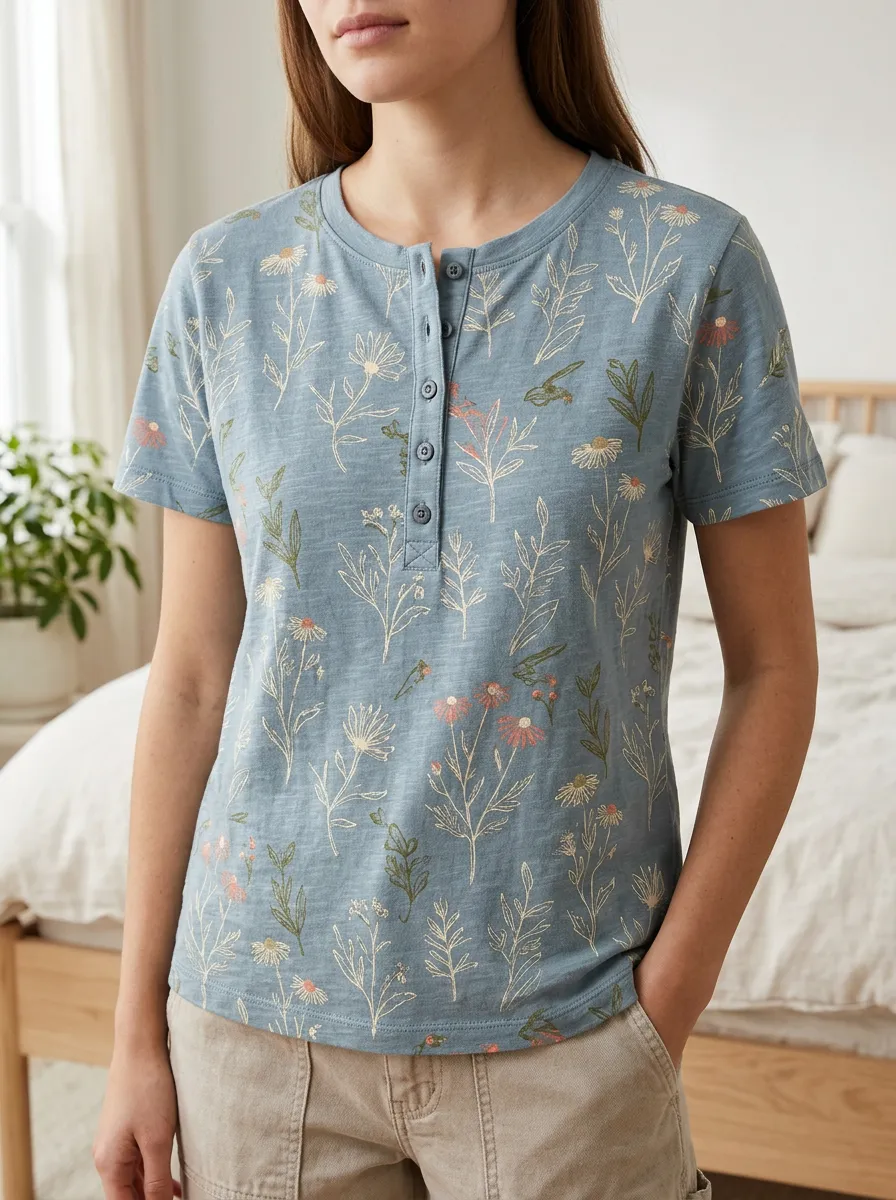 Women's Modern Botanical Floral Nature Lover Henley T-Shirt