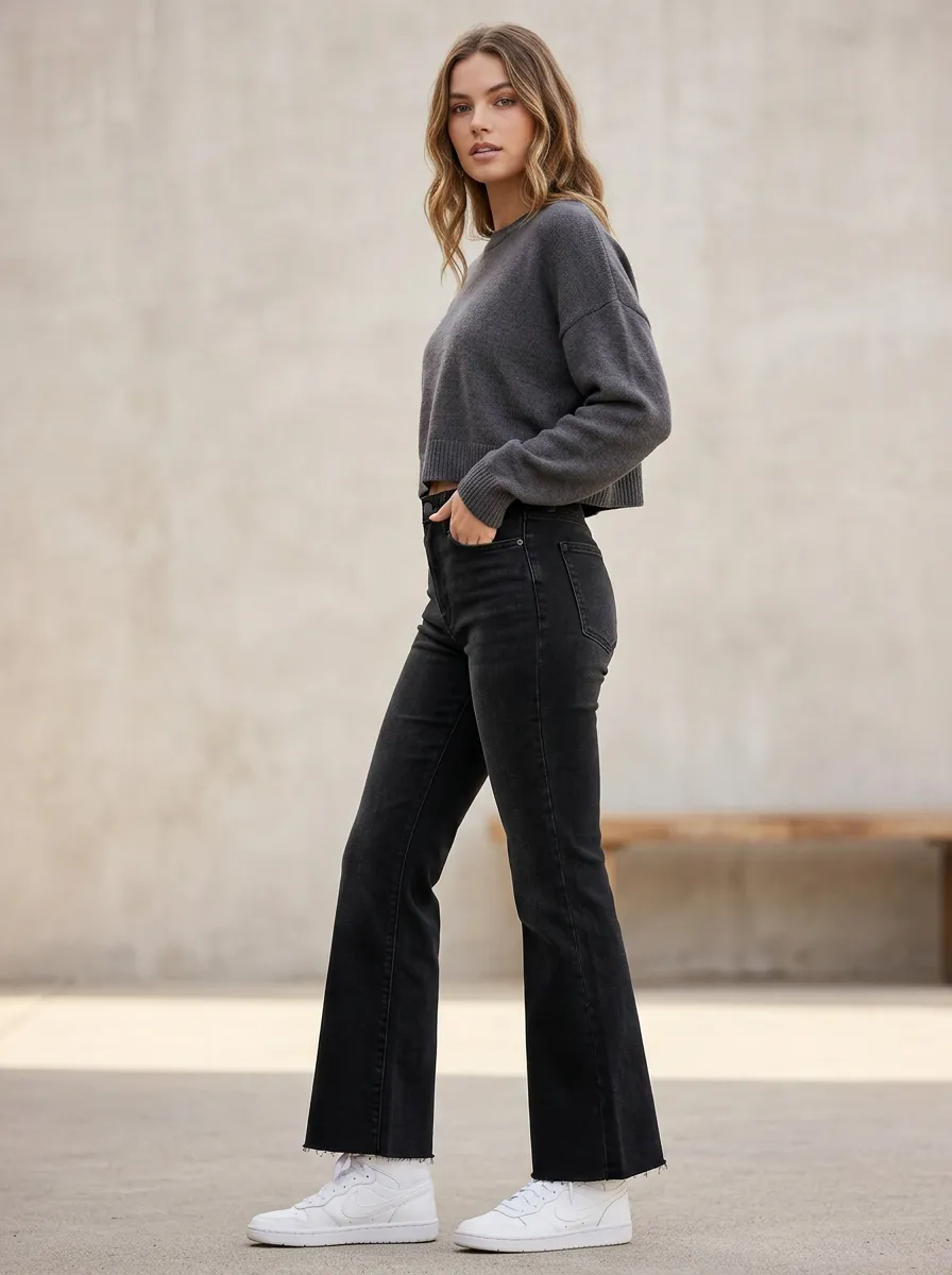 Women's Black Flared Jeans with High Rise Accents