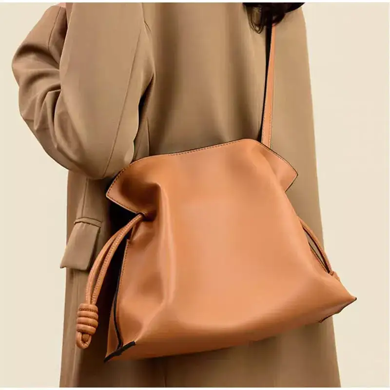 Minimalist Camel Leather Drawstring Shoulder Bag