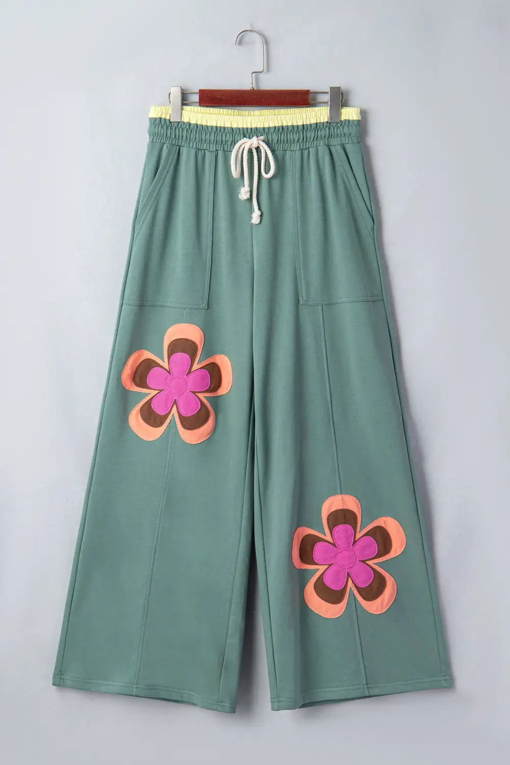 Panelled Flower Patchwork Drawstring Contrasted Elastic Waist Wide Leg Trousers