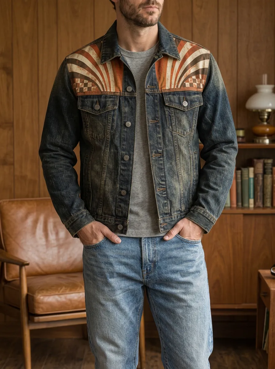 Men's Vintage Retro Sunburst Denim Rugged Journey Jacket