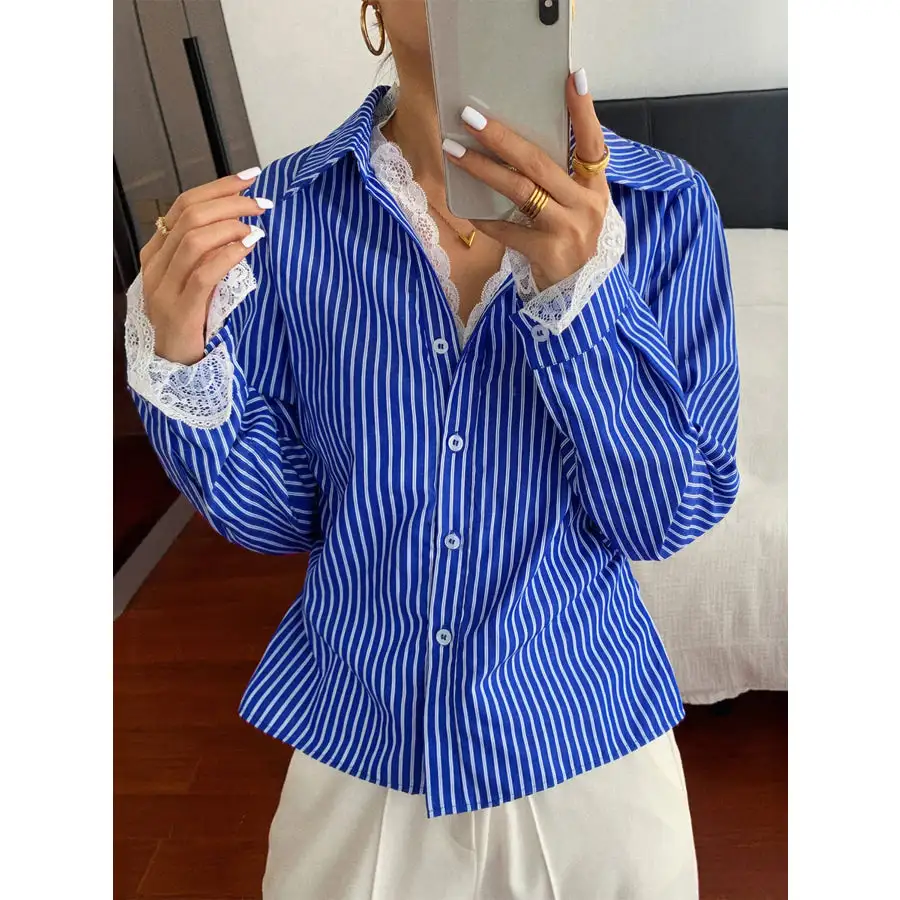 Striped Button Down Shirt with Lace Detail