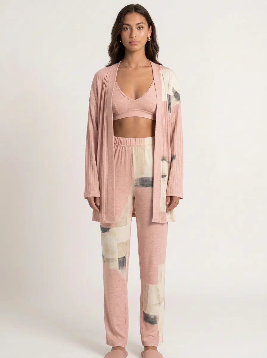 Ribbed Geometric Cardigan Lounge Set