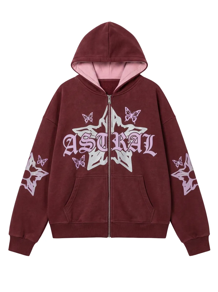 Unisex Streetwear Astral Star Butterfly Printed Zip Up Hoodie
