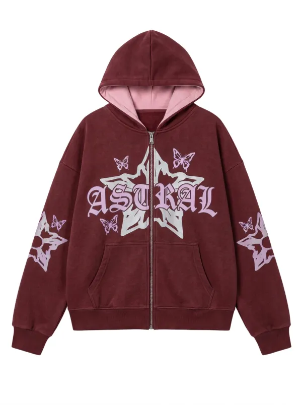 Unisex Streetwear Astral Star Butterfly Printed Zip Up Hoodie