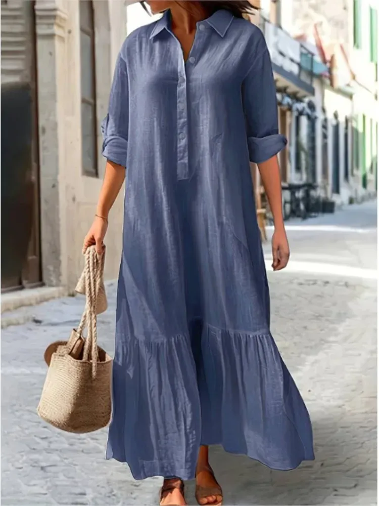 Long Sleeve Ruffled Linen Blend Maxi Dress