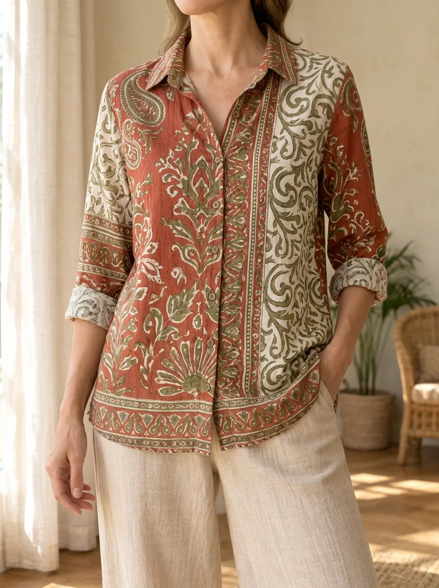 Women's Boho Paisley Floral Garden Shirt