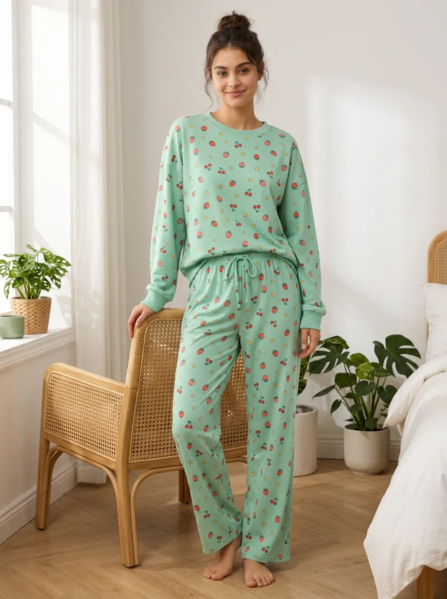 Women's Strawberry and Cherry Drawstring Loungewear Set
