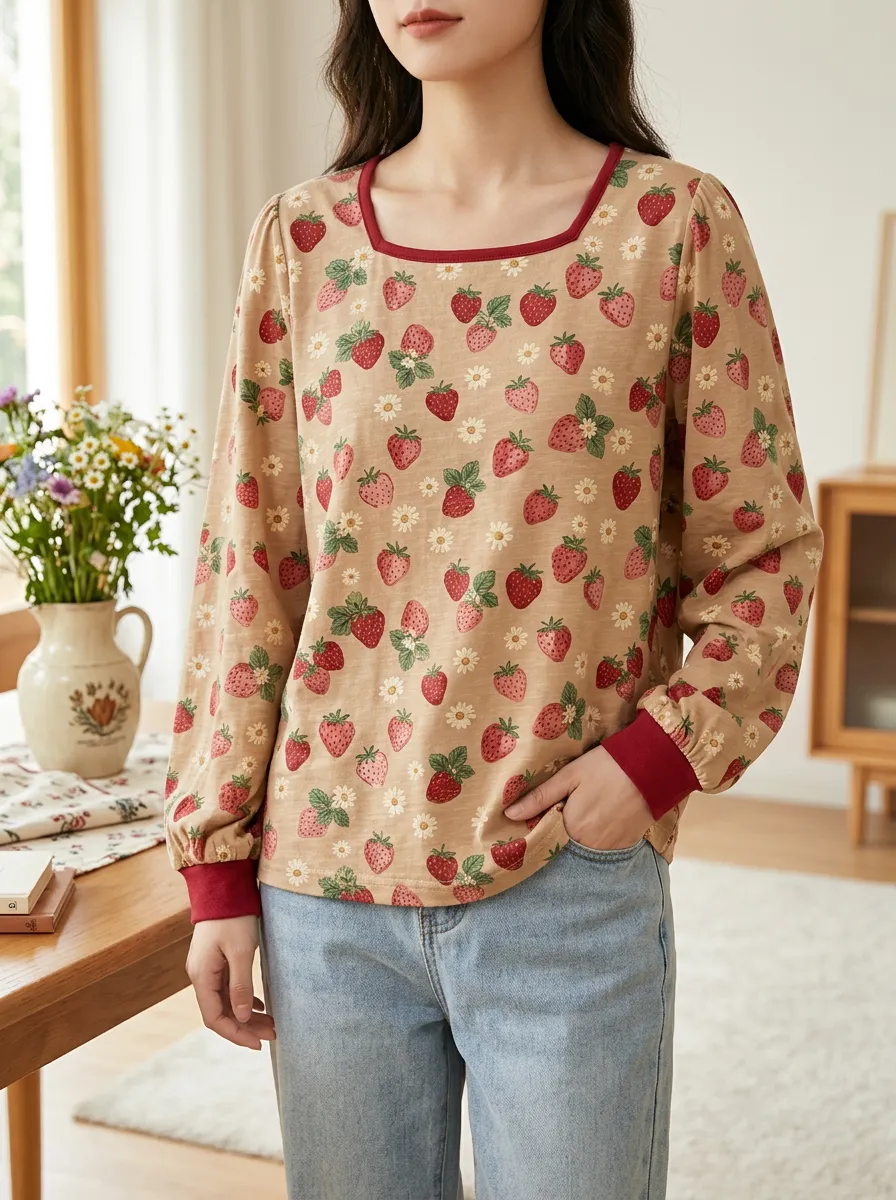Women's Sweet Strawberry Daisy Floral Printed Long Sleeve Top