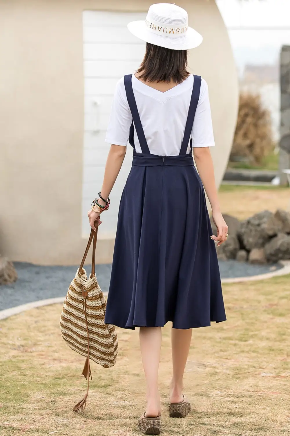 Classic Linen Cotton Fit And Flare Pinafore Midi Dress