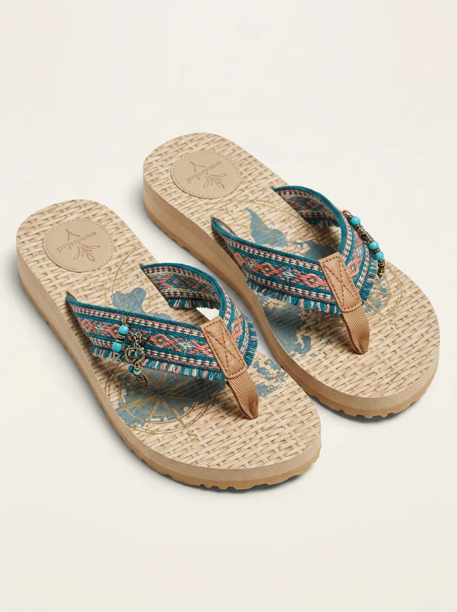 Women's Travel Lover Map Compass Pattern Printed Flip Flops
