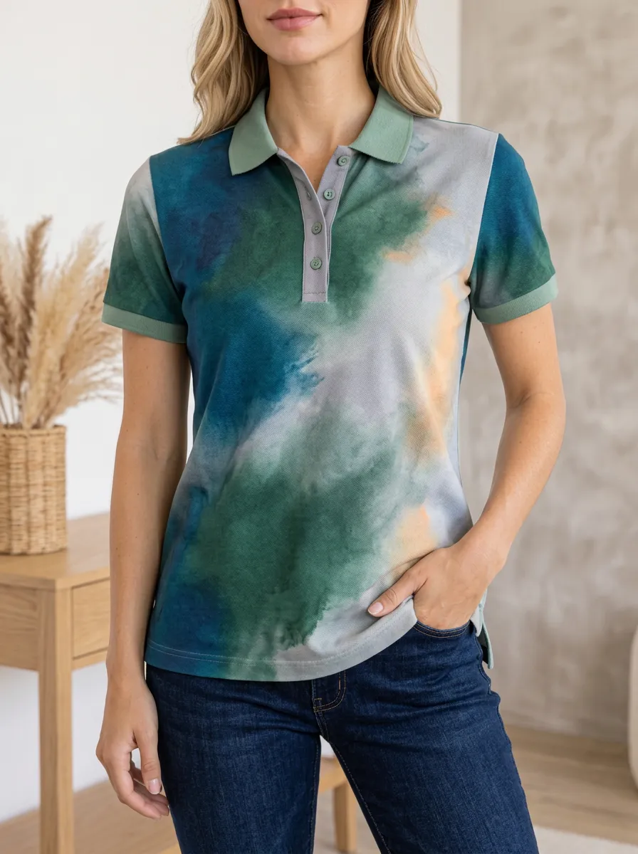 Women's Modern Abstract Watercolor Polo Shirt