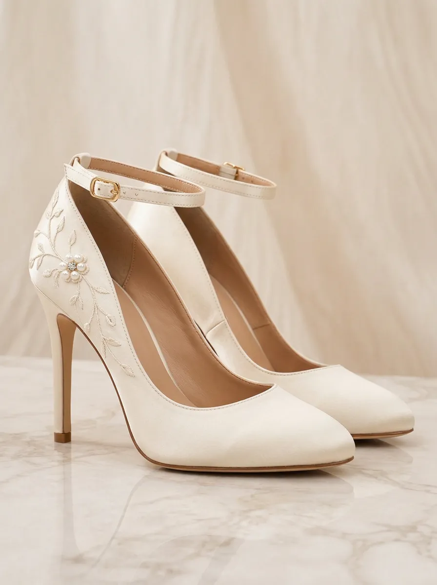 Pearl Floral Embroidered Ankle-Strap Women's Formal High Heels