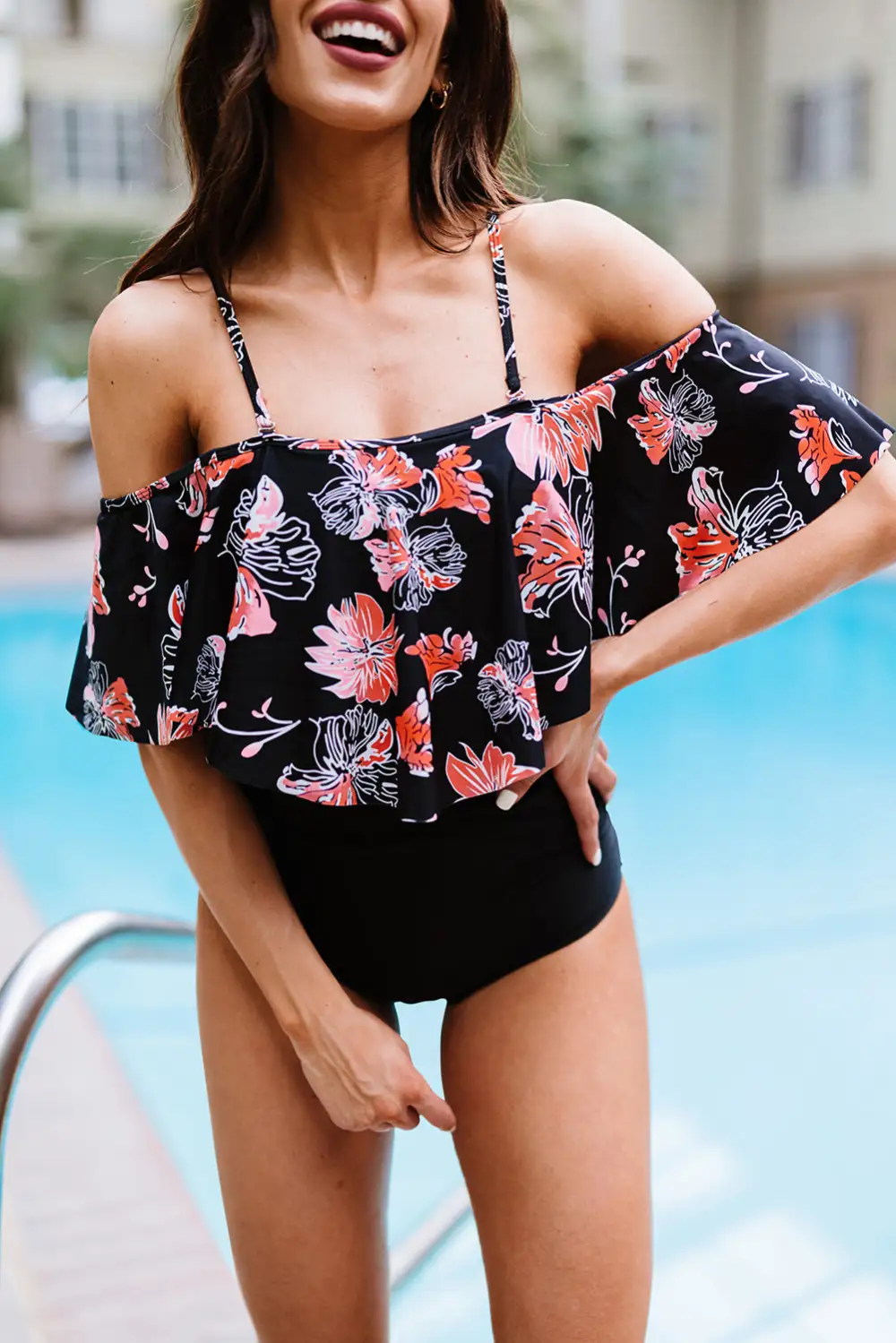 Leopard Printed Off Shoulder Flounce Overlay One-piece Swimwear