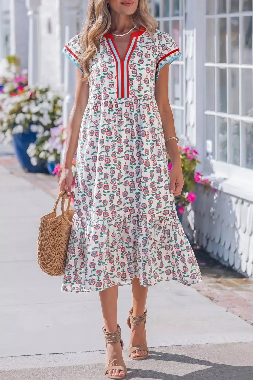 Print Ruffle Sleeve Tiered Midi Dress
