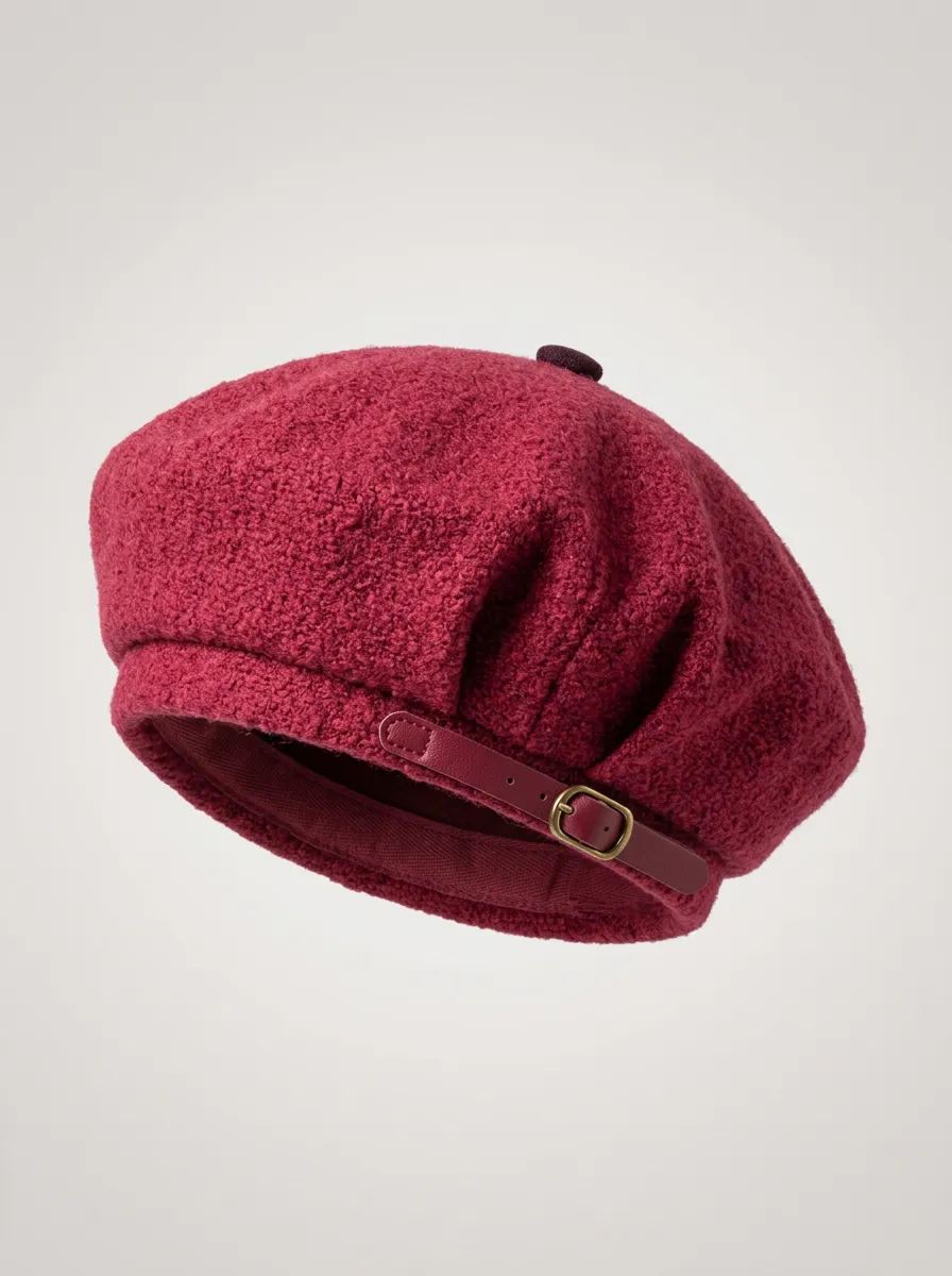 Unisex Burgundy Textured Wool-Blend Buckle Beret