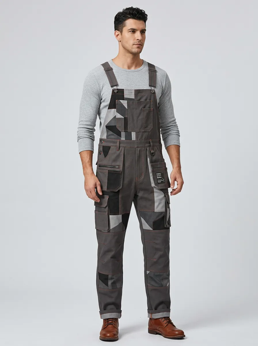 Geometric Patchwork Utility Overalls