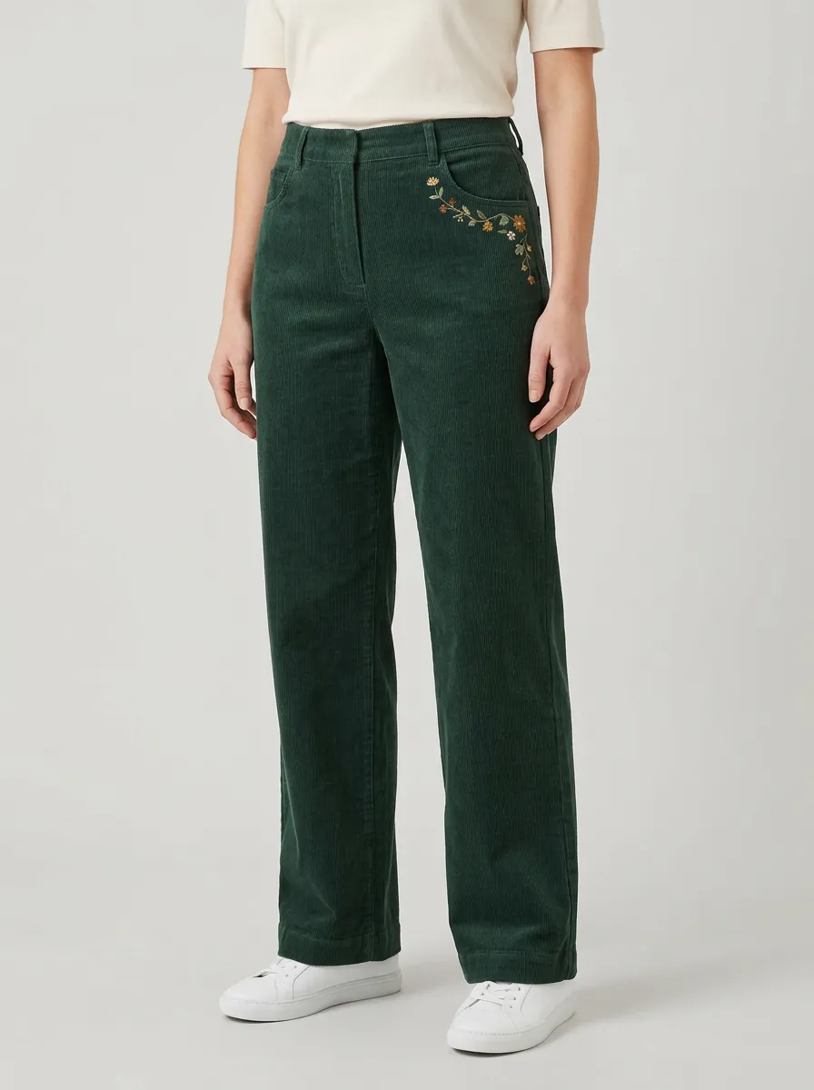 Women's Floral Embroidered Mid-Rise Straight-Leg Corduroy Pants