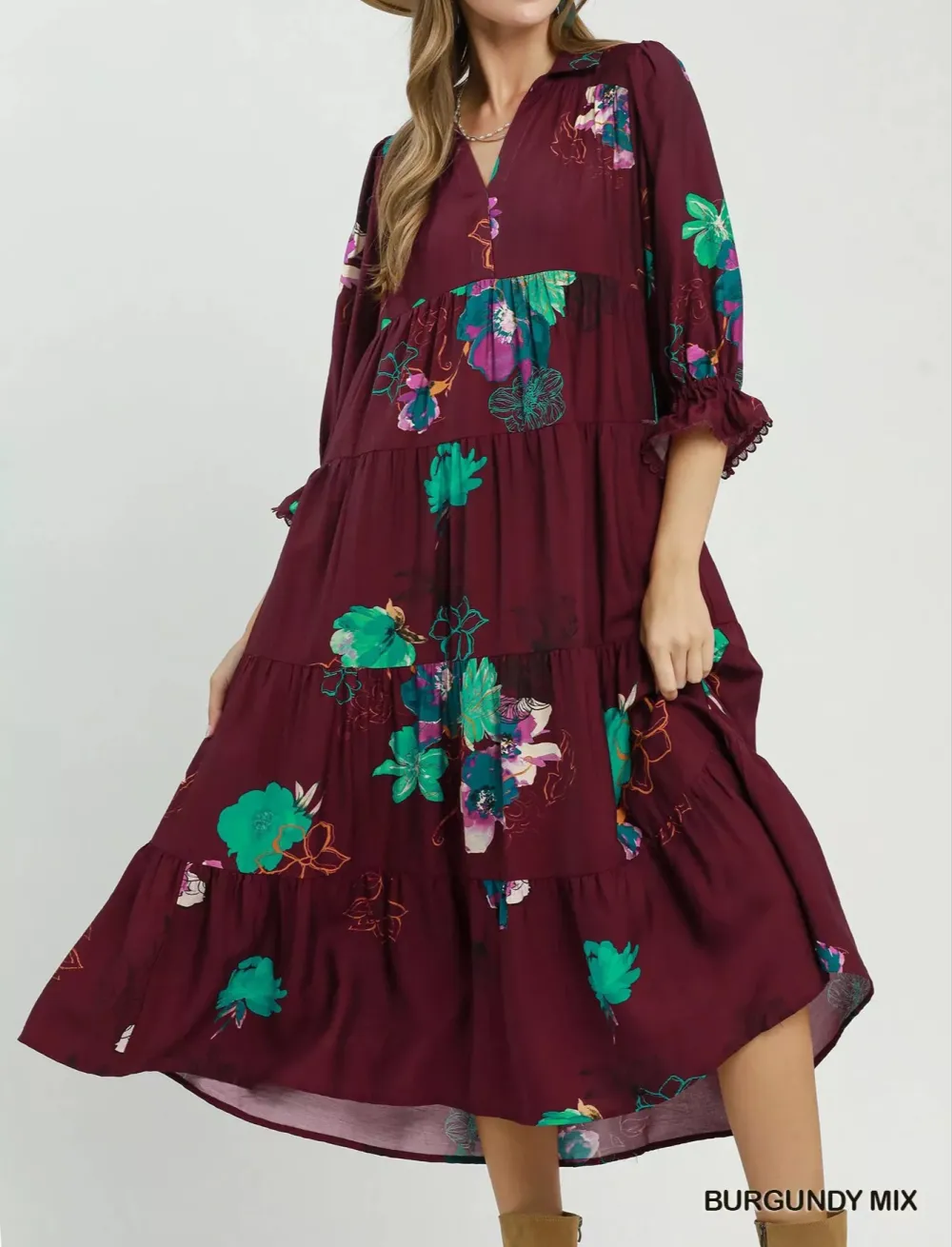 Tiered Tiered Midi Dress with Puff Sleeves