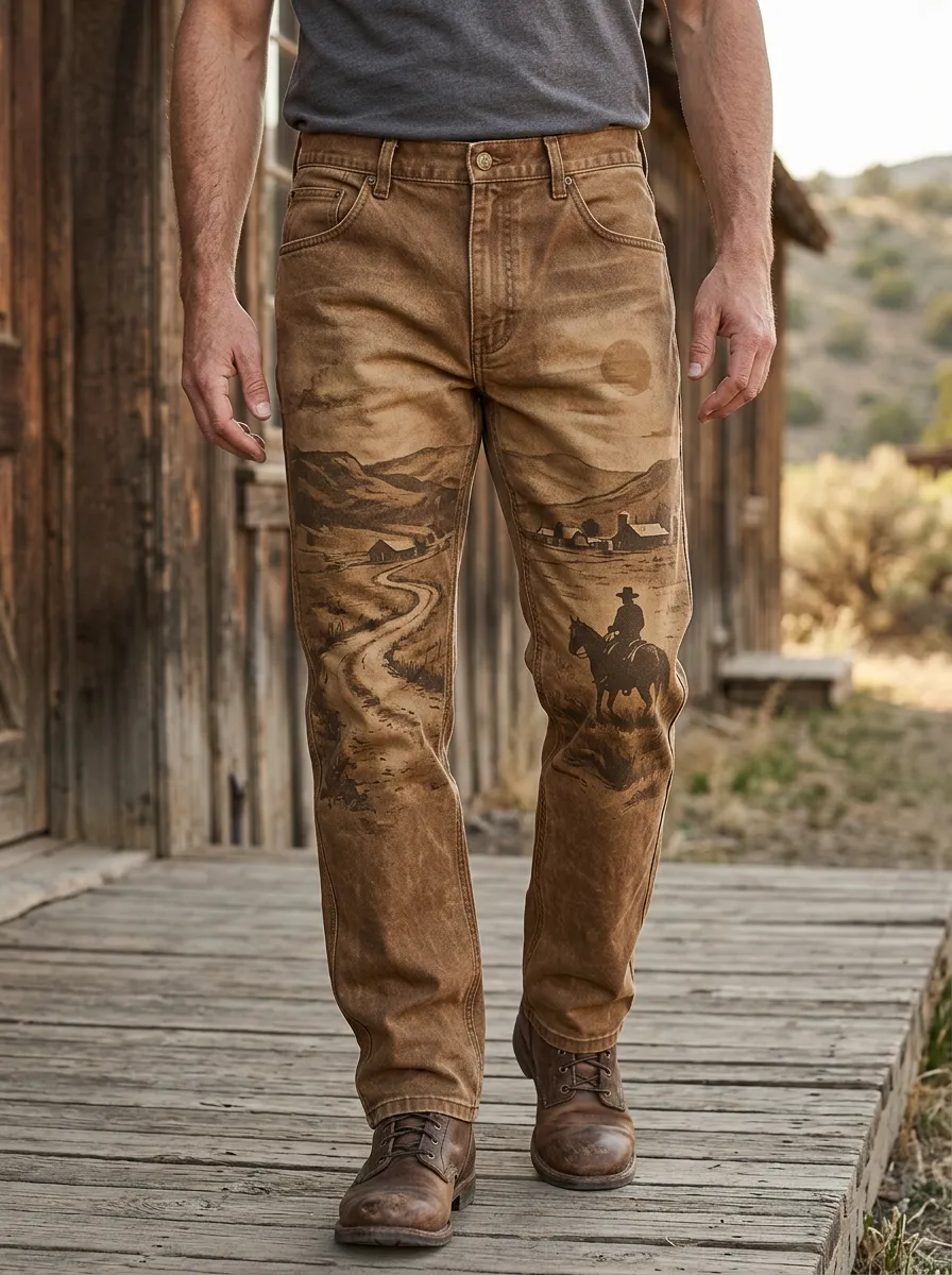 Men's Western Cowboy Landscape Printed Jeans