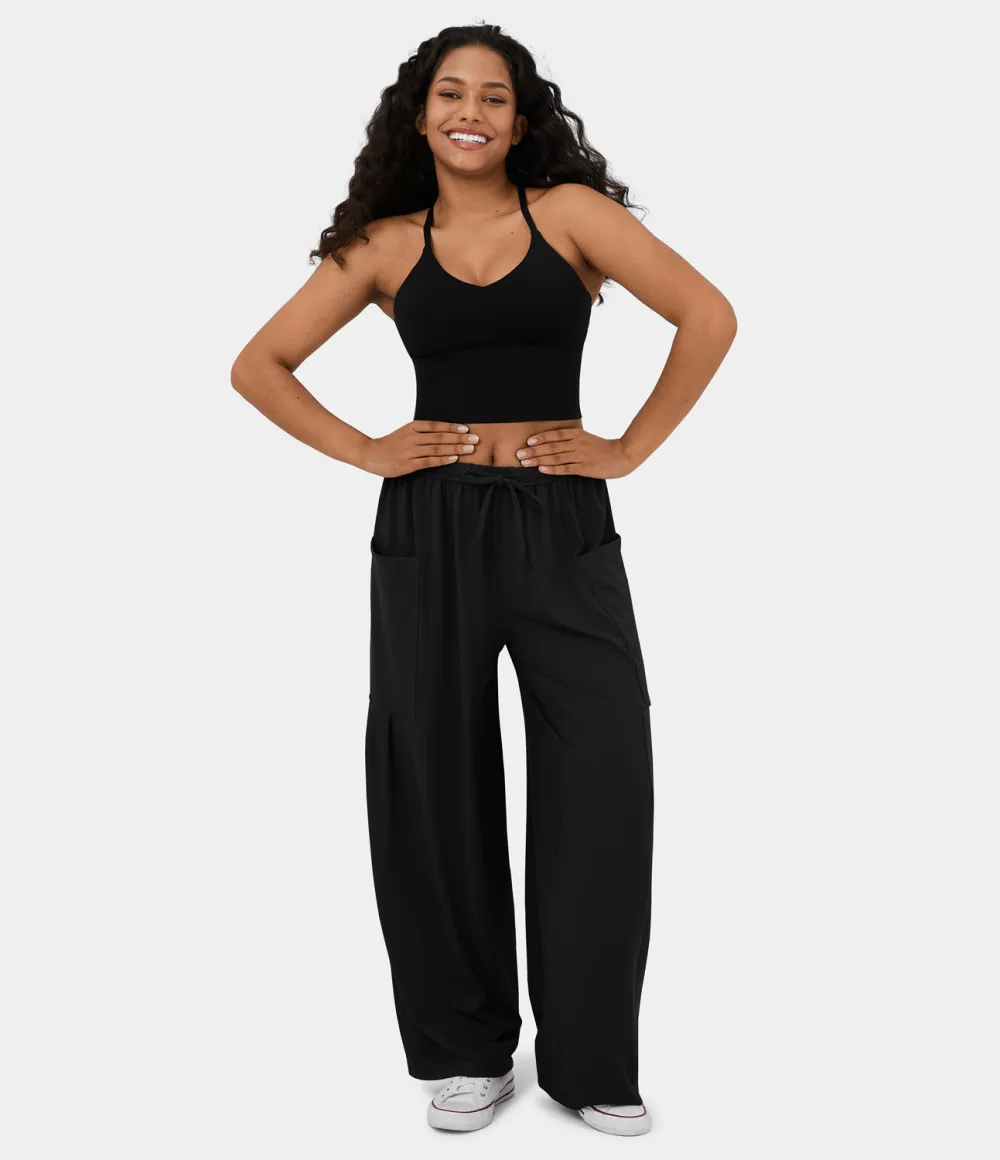 Mid Rise Elastic Waistband Drawstring Side Pocket Palazzo Flowy Wide Leg Casual Pants