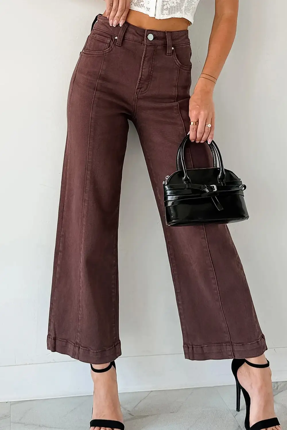 Wide Leg Cropped Seam Detail Casual Jeans