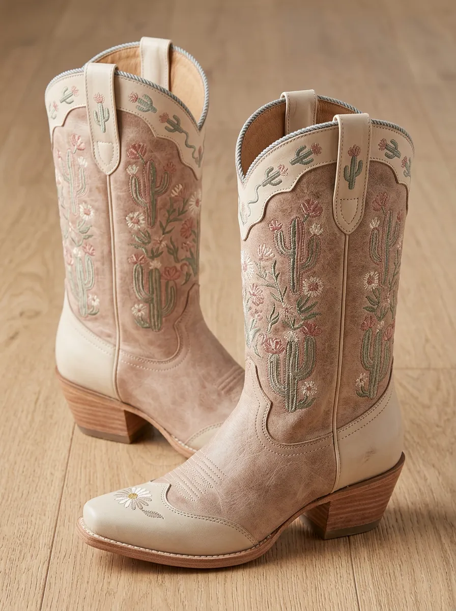 Prairie Cactus Floral Embroidered Frontier Look Unisex Western Cowboy Boots