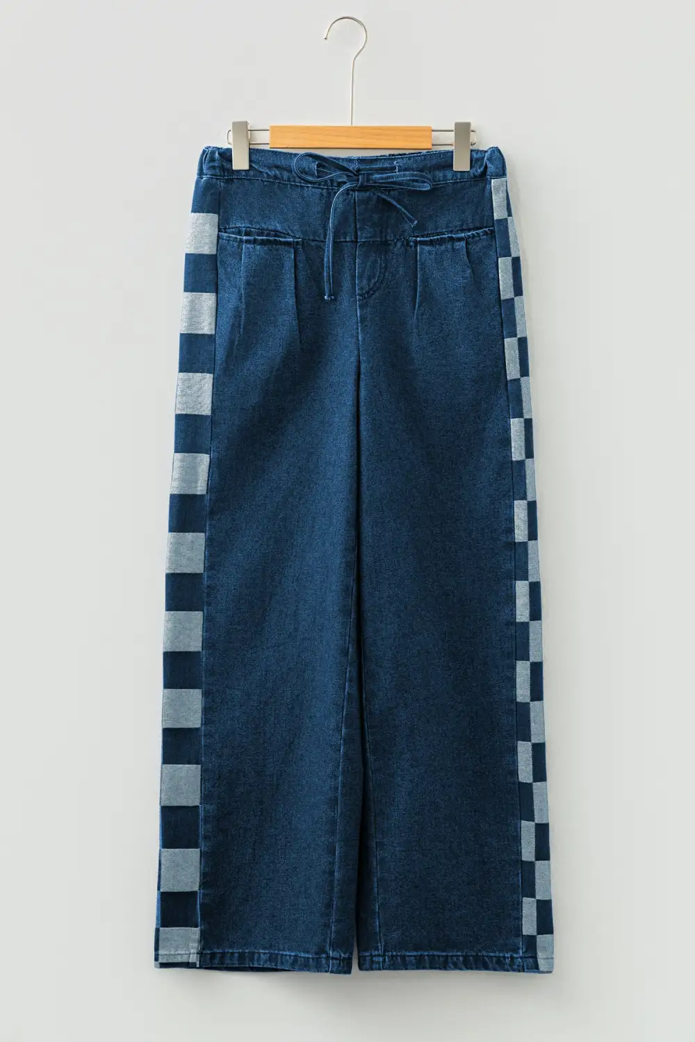 Women's Checkered Side Panel Patchwork Drawstring Loose Denim Pants