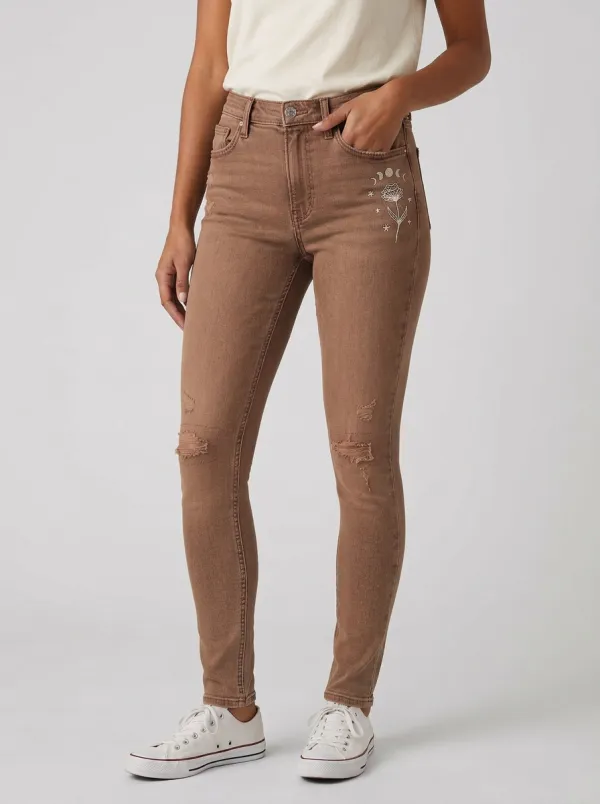 Women's Celestial Flower Moon Phases Printed Slim Jeans