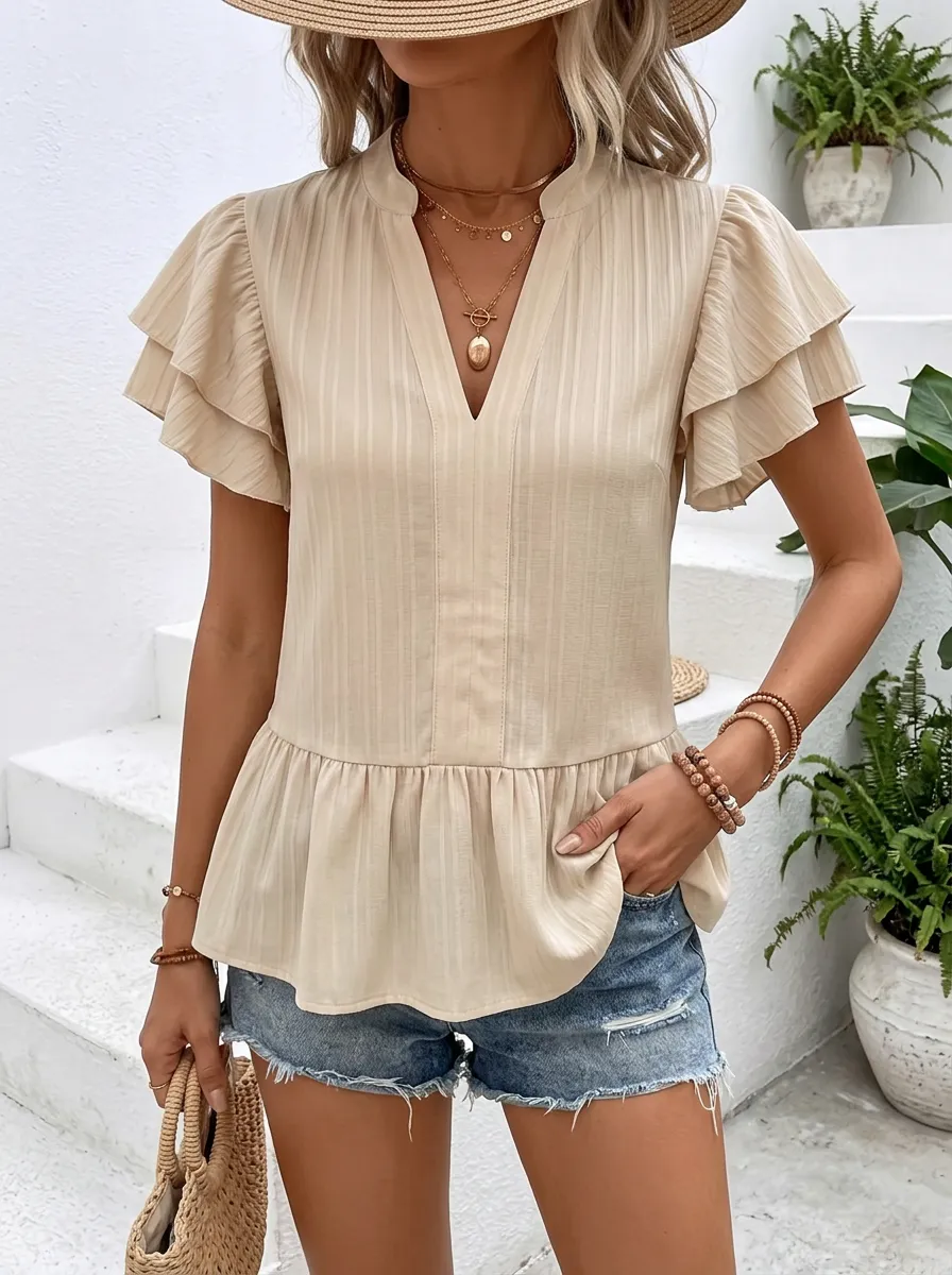 V-Neck Ruffle Sleeve Textured Peplum Top