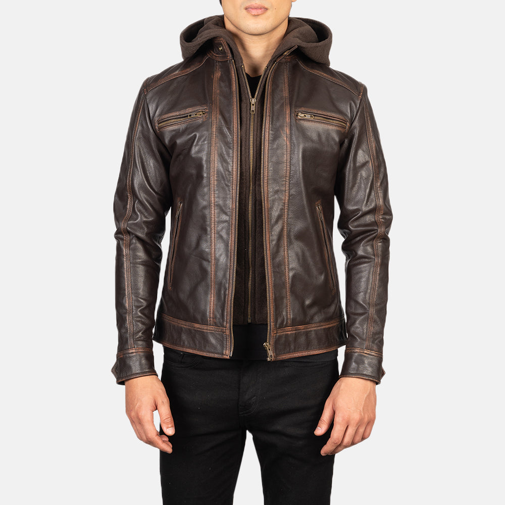 Men's Rugged Biker Hooded Leather Jacket