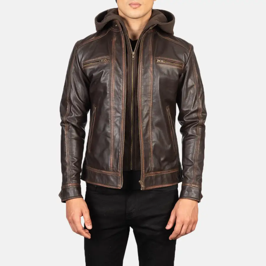 Men's Rugged Biker Hooded Leather Jacket