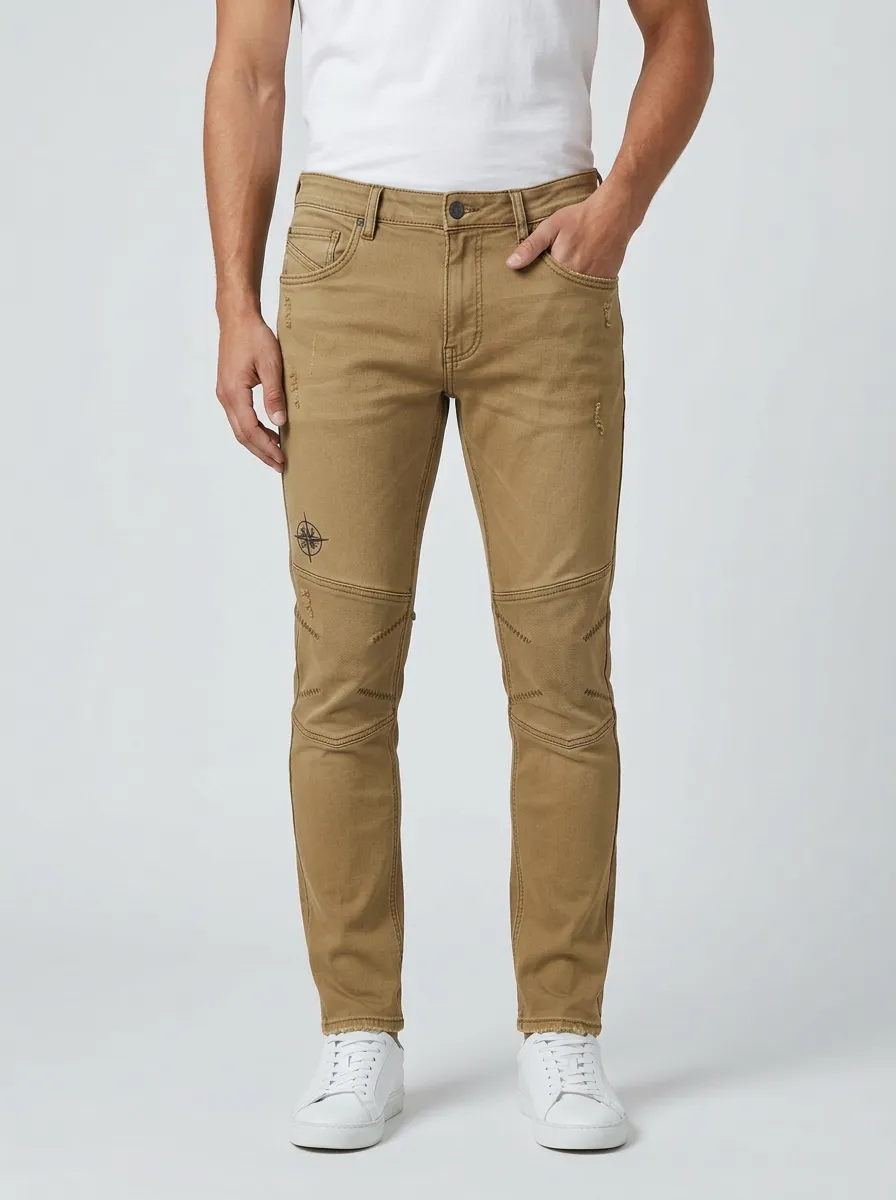 Men's Compass Graphic Distressed Gray Slim-Fit Jeans