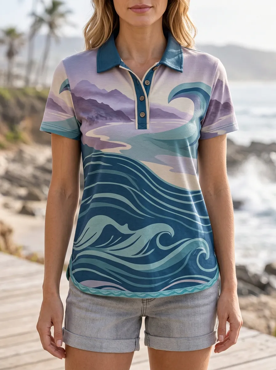 Women's Ocean Wave Beach Landscape Printed Polo Shirt
