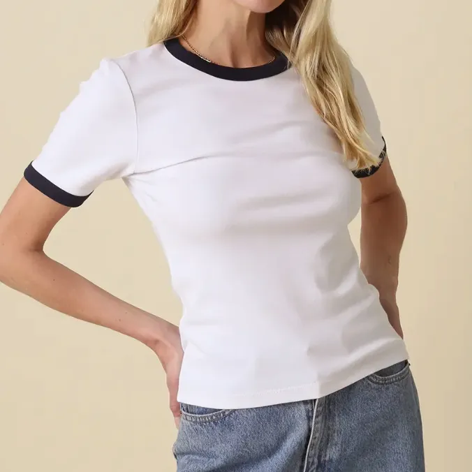 Contrast-Trim Fitted Crew Tee