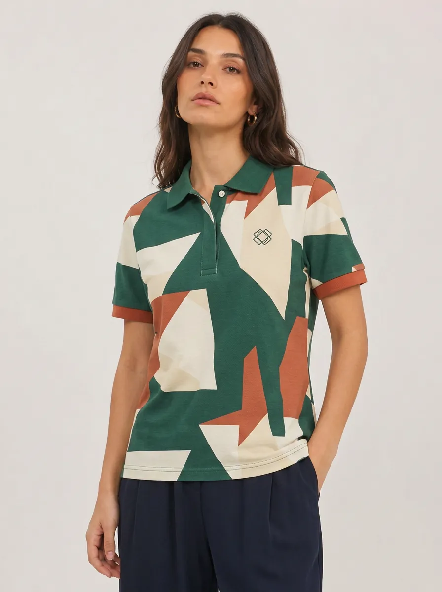 Women's Geometric Pattern Abstract Colorblock Printed Polo Shirt
