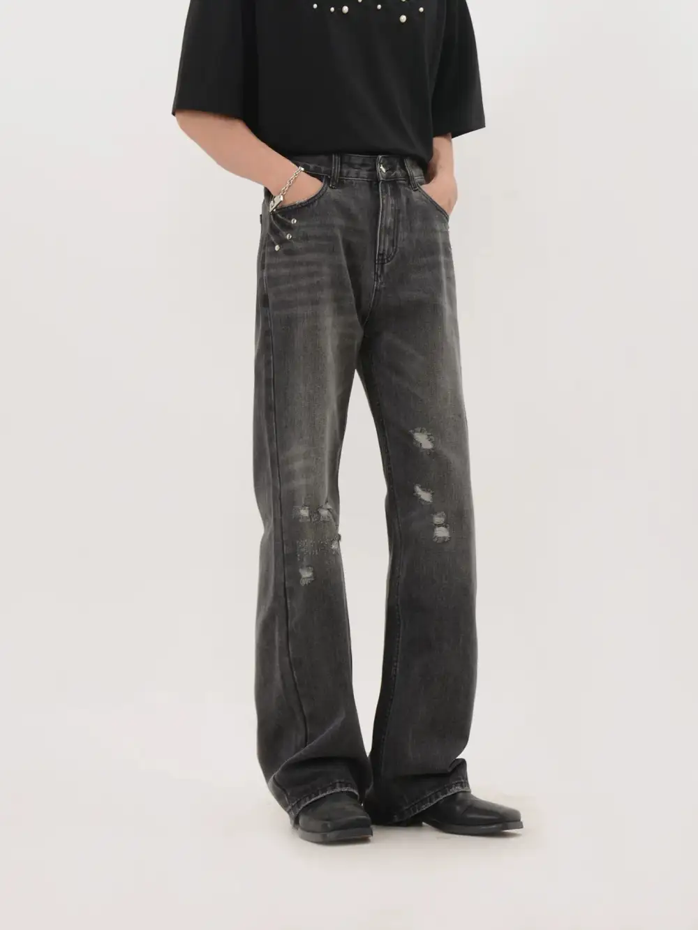 Distressed Straight-Leg Light-Wash Jeans