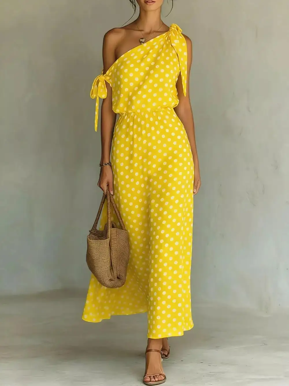 Full Size Polka Dot One Shoulder Maxi Dress With Tie Details Plus Size