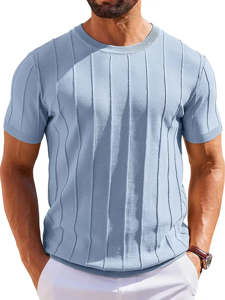 Casual Short Sleeve Shirt Ribbed Knit Pullover Tee