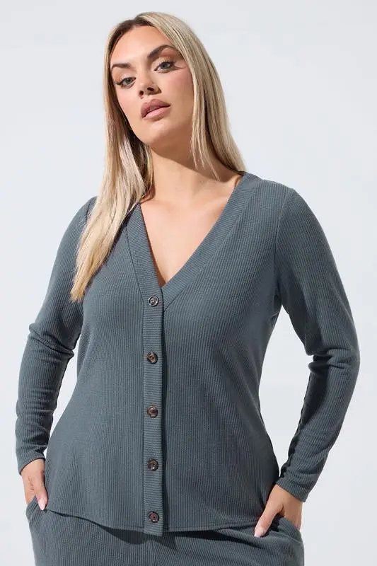Plus Size Grey Ribbed Button Cardigan