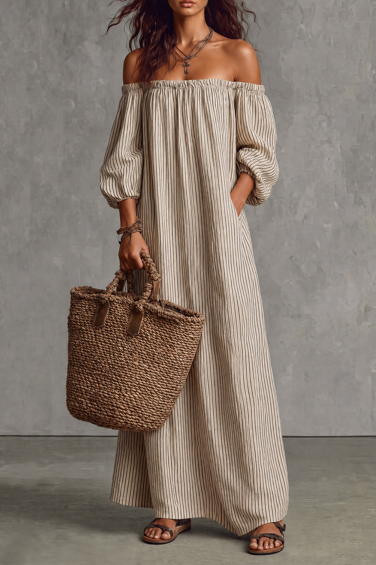 Off Shoulder Striped Maxi Dress