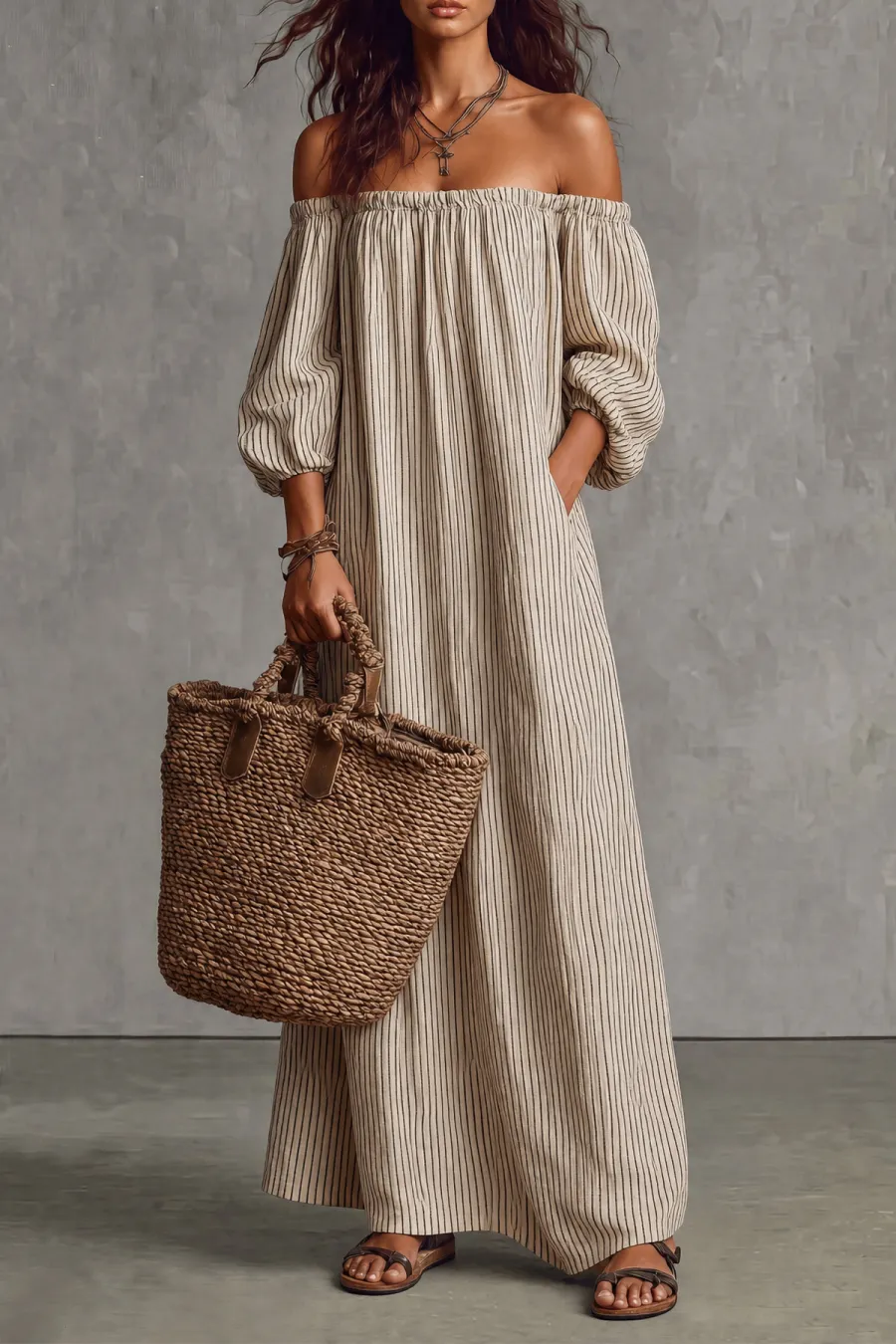 Off Shoulder Striped Maxi Dress