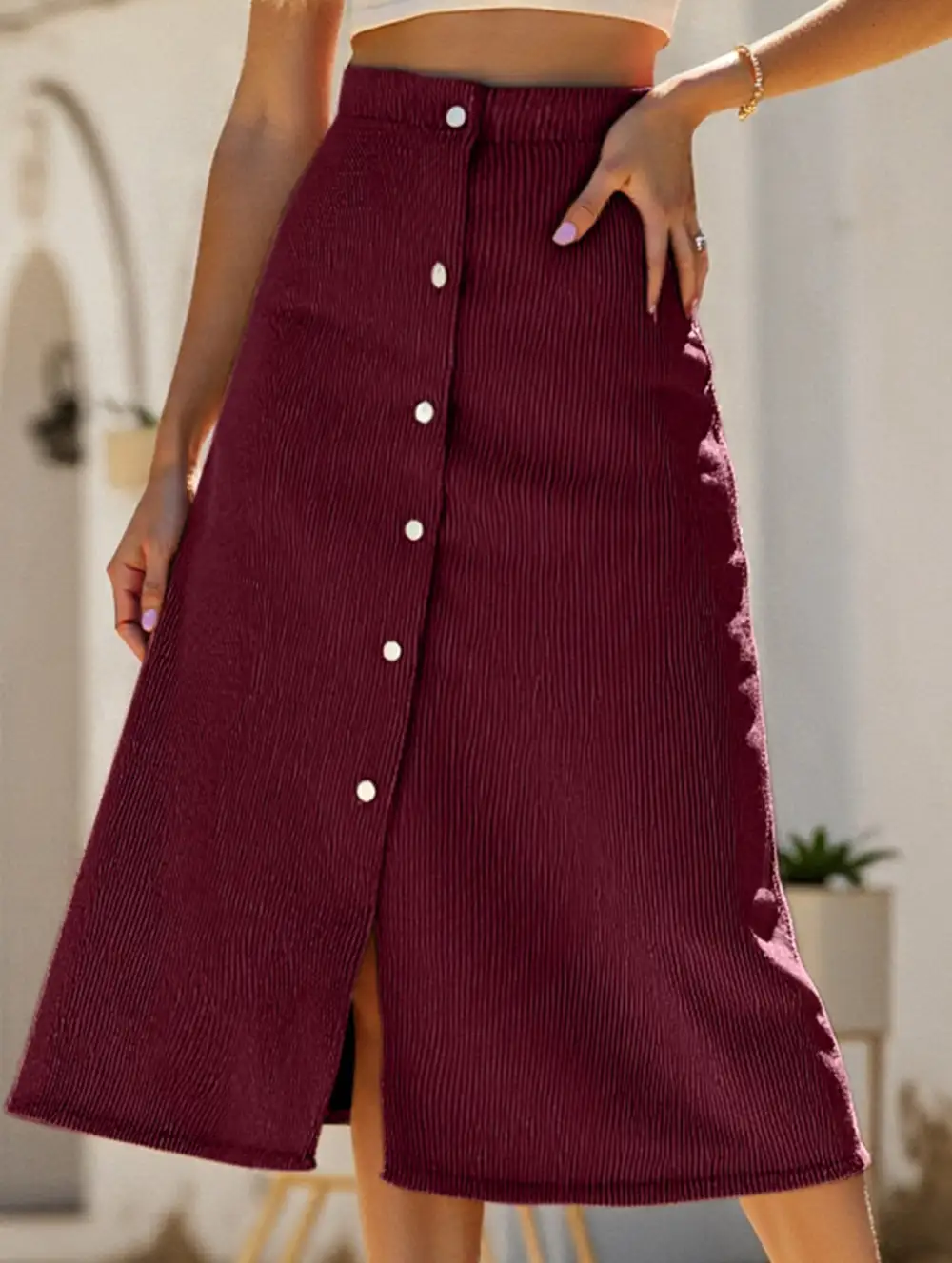 Corduroy Button Front Midi Skirt