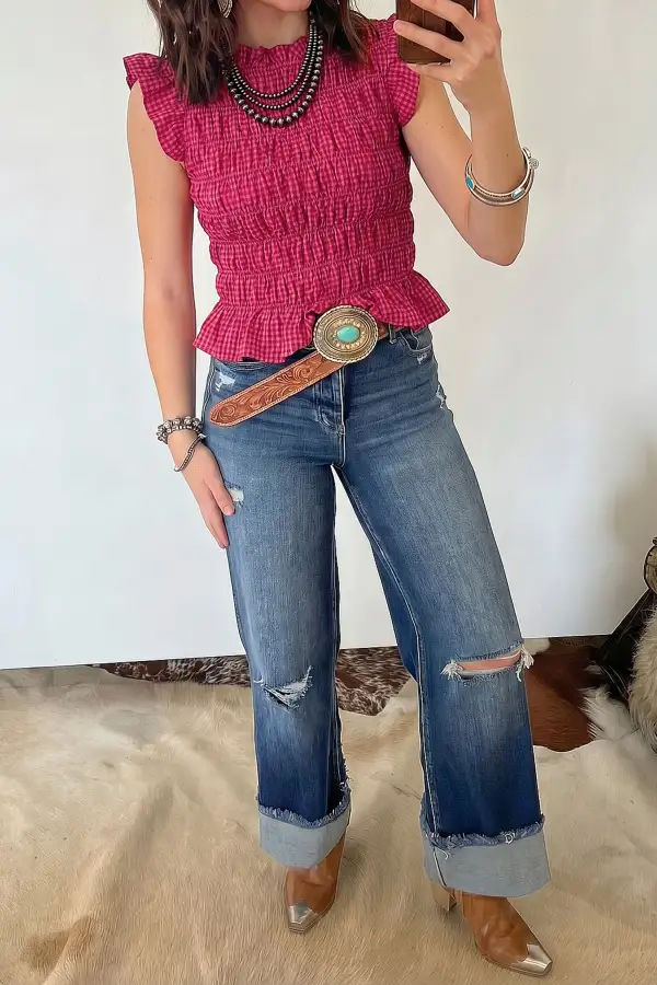Textured Plaid Shirred Ruffle Trim Tank Top