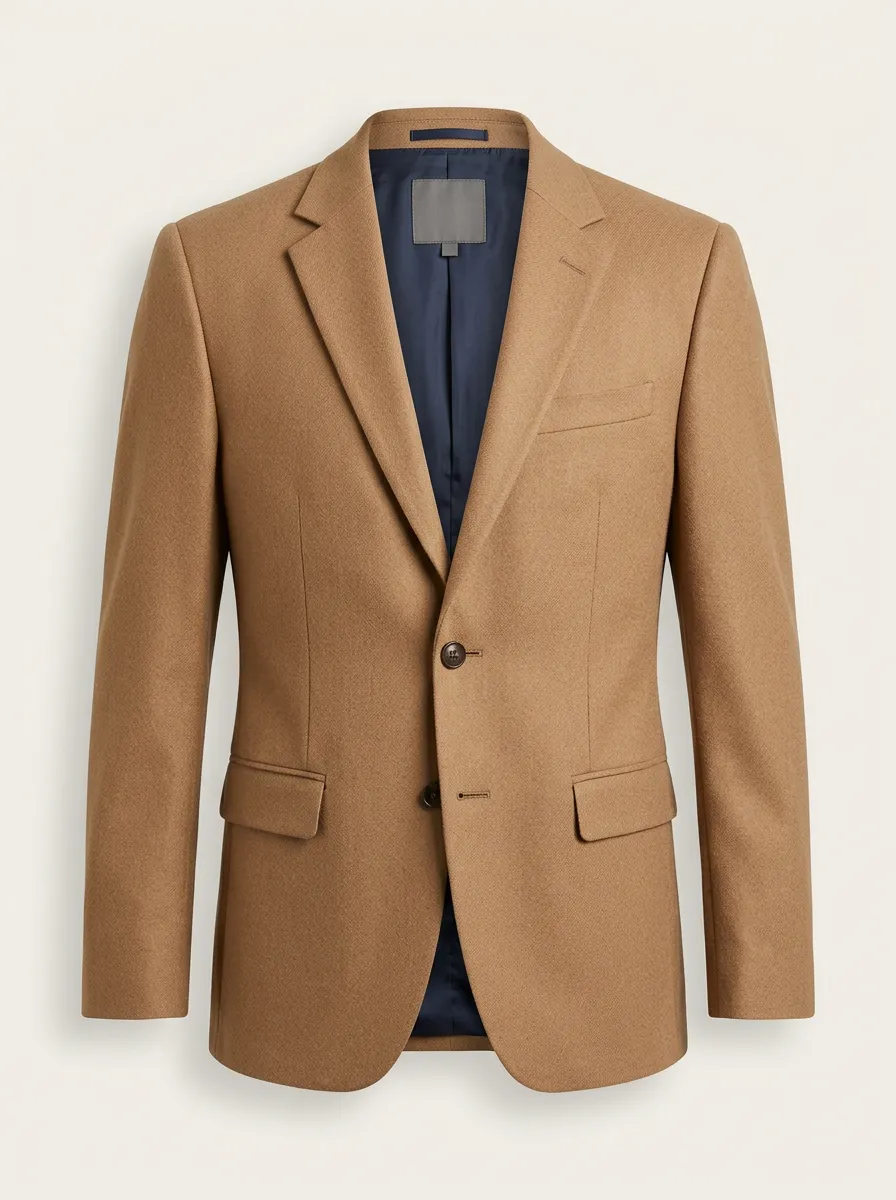 Men's Classic Camel Wool Blend Two-Button Blazer Jacket
